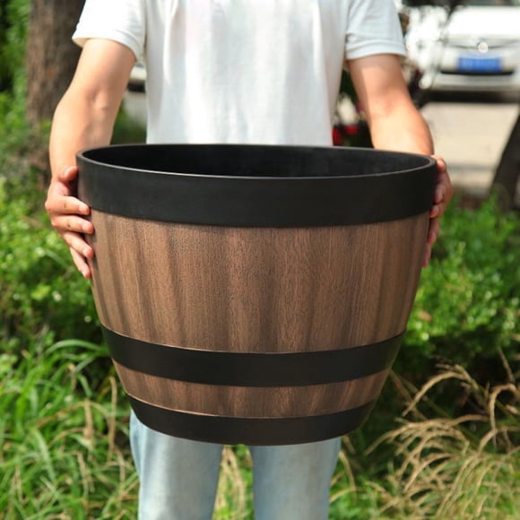 OUSITAID Plant Pot Faux Whiskey Barrel Shape Home Decor Plastic Indoor Outdoor Yard Patio Flowerpot for Garden