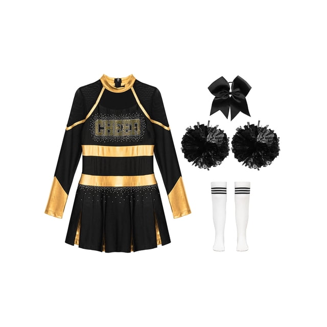 Eandarui Uniforme de Cheerleading pour Fille Robe Plissée à Manches Longues Tenue de Performance de Cheer d'École 5-16 Ans Or&Blanc 12