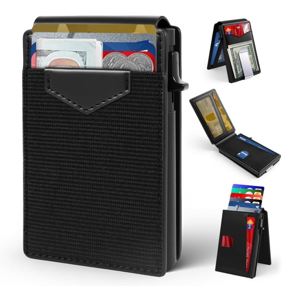 Portefeuille pour Homme, Portefeuille RFID avec Pince à Billets et Fenêtre pour Pièce d'Identité, Porte-Cartes de Crédit Minimaliste à Ouverture Instantanée pour 10-12 Cartes, Portefeuille Intelligent Mince à Deux Volets avec Poche avant, Portefeuille compact en Métal