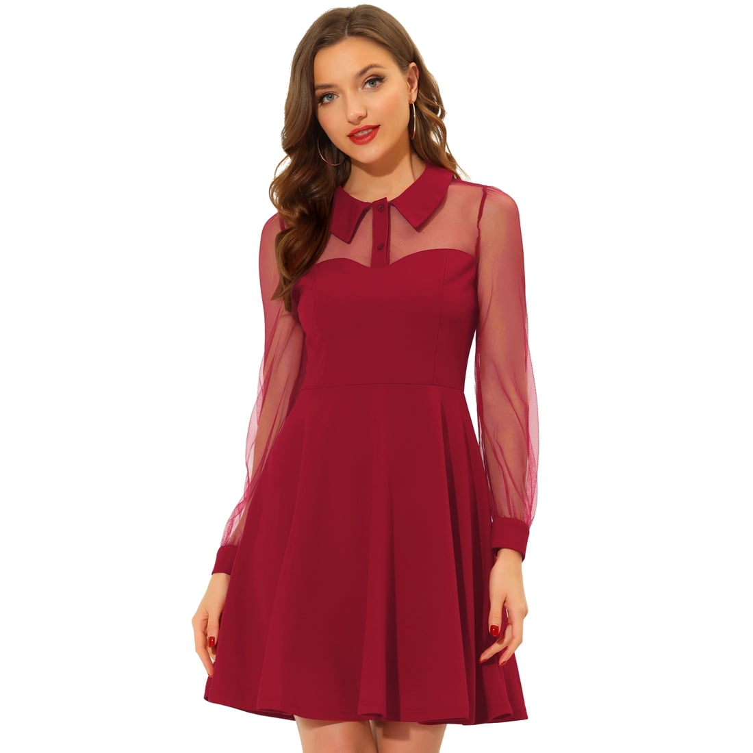 INSPIRE CHIC Robe de Soirée Rétro pour Femme à Col Plat en Maille Transparente, Manches Lanterne Évasées, Rouge G