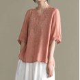 thumbnail image 4 of Pisexur Haut à Manches Courtes à Col Rond Brodé Rétro à la Mode pour Femmes, Hauts pour Femmes, Blouses Habillées Décontractées, Hauts pour Femmes Rose, G, 4 of 4