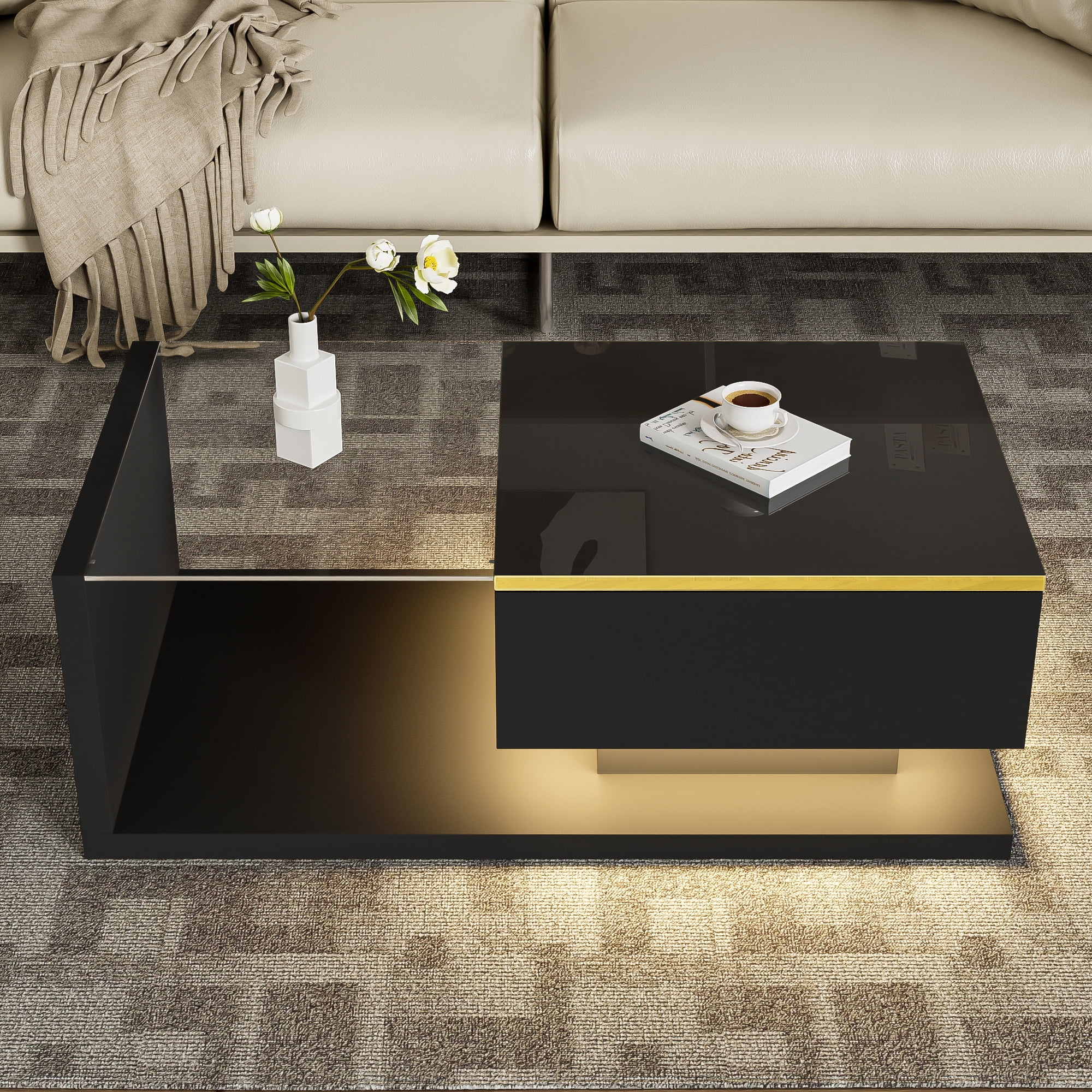 Noble House 39.4" High-Gloss Black Coffee Table, Tempered Glass with Dimmable LED, Storage Compartment & Open Shelves,Black