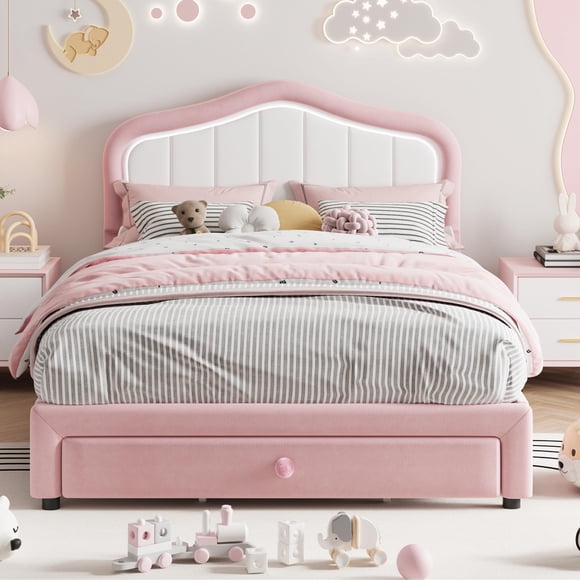 Suede Princess Upholstered Bed Frame with LED Headboard & Storage Drawer,Wooden Slats, Noise-Free, Heavy-Duty, Low Profile, No Box Spring Needed – Perfect for Kids, Girls, Boys