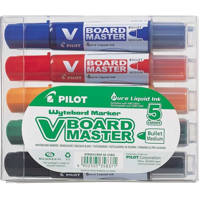 PILOT BG-WBMAVBM-S5 Begreen V Board Master Dry Erase Marqueur pour Tableau Blanc en Pointe (Lot de 5). l'Ensemble Comprend Cinq Marqueurs Rechargeables en Couleurs Assorties avec une Encre Liquide Vive et Résistante à la Lumière pour une Visibilité de 10 Mètres. Offre une Fourniture d'Encre visible et Ne Nécessite Pas de Pompage Ni de Secousse. Fait de 91 % de Contenu Recyclé, Emballé dans un Étui en Plastique Transparent.