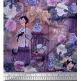 thumbnail image 1 of Soimoi Poly Georgette Fabric Flower Vase,Cat & Girl Human Figure Print Fabric by The Yard 42 Inch Wide, 1 of 3