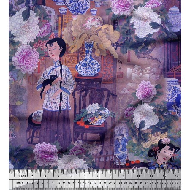 Soimoi Poly Georgette Fabric Flower Vase,Cat & Girl Human Figure Print Fabric by The Yard 42 Inch Wide
