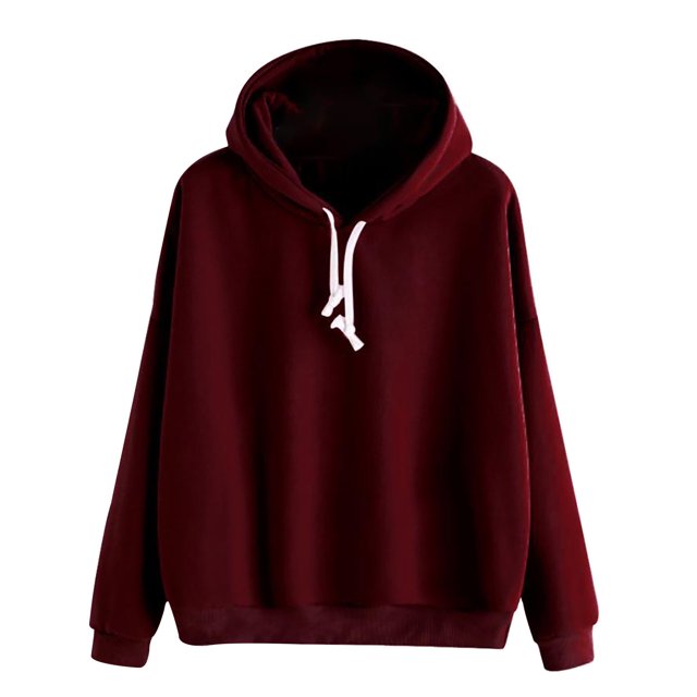 Fankiway Mode Femmes Décontracté à Capuche Ajusté Manteau Chandail Uni dans une Teinte Bourgogne Foncé. Ce Chandail à Capuche à Manches Longues avec Enfiler Présente un Cordon de Serrage Blanc sur la Capuche, un Ourlet Côtelé et des Poignets. Fabriqué en polyester Léger, Il Offre un design Ajusté Adapté aux Tenues Décontractées en Automne, en Hiver et au Printemps.