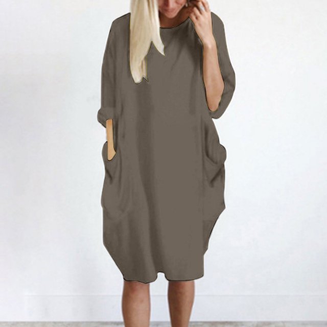 LSLJS Womens Pocket Loose Dress Ladies Neck Casual Long Tops Dress Plus Size