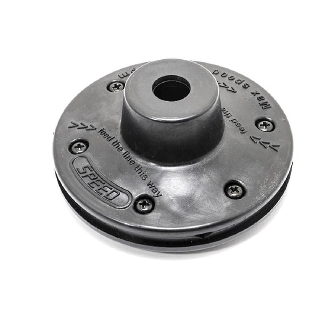 Universal 2 Line Quick Load Trimmer Head in black plastic with a central mounting hole, four screws, and embossed directional text for line feeding and speed, designed for easy line replacement and balanced to reduce vibration, compatible with most straight and curved gas trimmers.