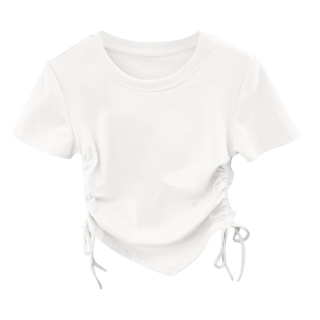 SUXIAN Girls Summer Shirts Solid Tee with Irregular Short Sleeve Top for Girls Tee Solid Color Crew Neck Drawstring Asymmetric Hem Detail Birthday Shirt White 7-8 Years