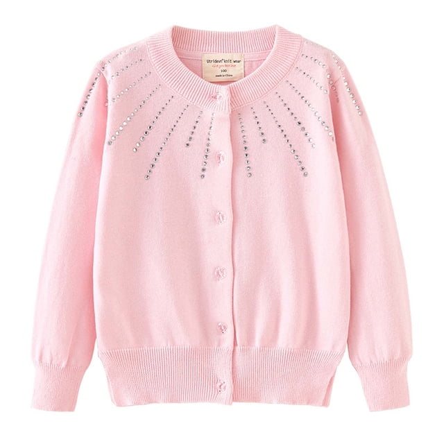 RXIRUCGD Girls Rhinestone Knitted Cotton Cardigan Jacket( Pink, Size:9 Years )