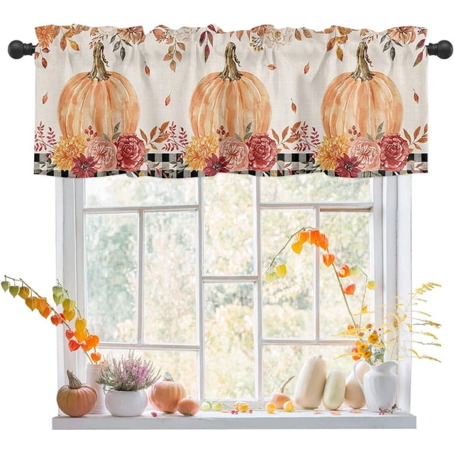 Thanksgiving Pumpkin Valance, Maple Leaf Valances for Windows, Kitchen Valances for Window, Kitchen Curtains 54x18 Short Curtains Rod Pocket Bathroom Curtains Window, Kitchen Window Curtains