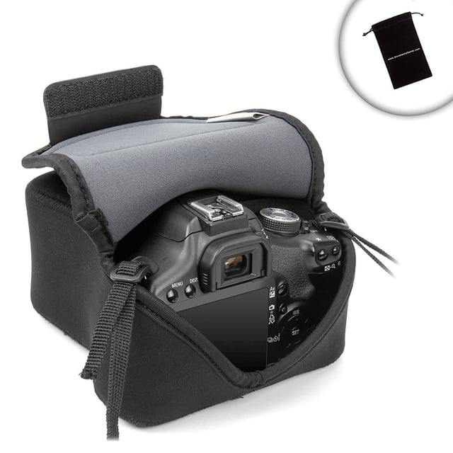 USA Gear DSLR/SLR Camera Bag with Neoprene Protection showing a black DSLR camera snugly inside a padded black neoprene case with a gray interior flap, reinforced stitching, and hook and loop fastener, plus a small black drawstring pouch for storing accessories like memory cards and batteries.