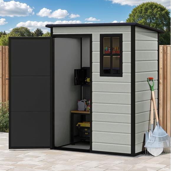DEXTRUS Remise Extérieure en Résine 5x3 Pi avec Fenêtre et Verrouillable à l'Extérieur, Rangement de Jardin et Mobilier de Patio Résistants aux Intempéries, Gris