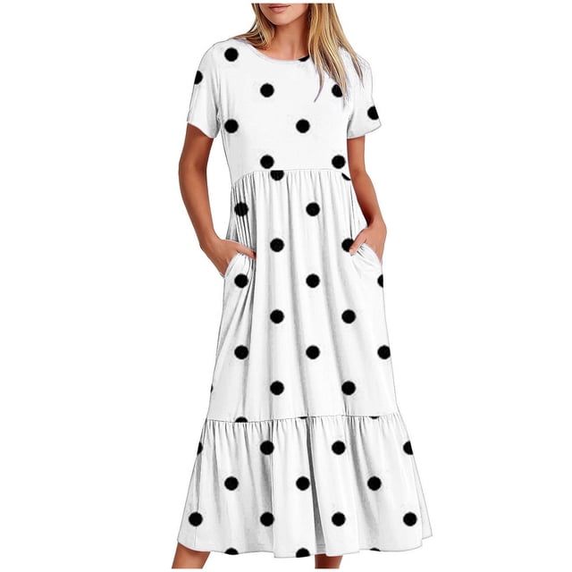 Tumotour Robe d'Été pour Femmes, Imprimée, Ample, Décontractée, à Manches Courtes, Col Ras du Cou, Ligne A, Évasée, Fluide, à Étages, Chemise, Maxi, Plage, Longue, 2025, Tenues Tendance avec Poches