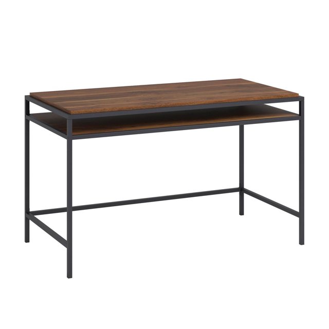 Sauder Nova Loft Writing Desk featuring a dark wood tabletop and shelf supported by a minimalist black metal frame.