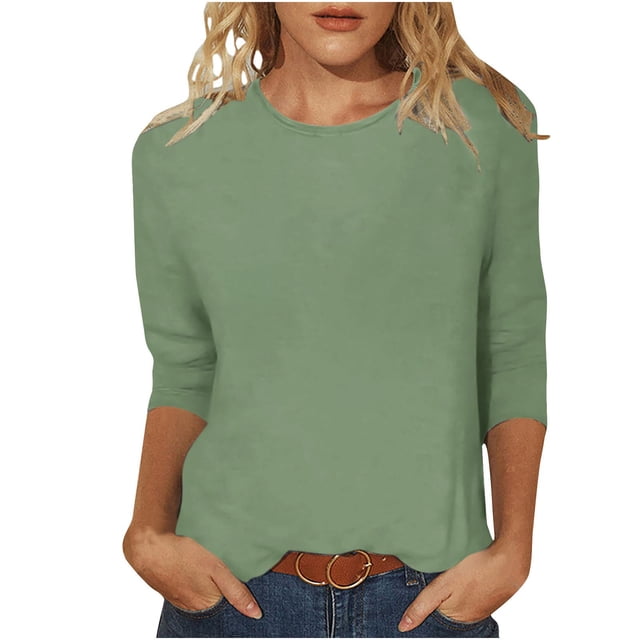 hotojiny Spring Tops for Women Lightweight Solid Color 3/4 Sleeve Crewneck Basics Tees Plus Size Soft Comfy Summer Work Shirt