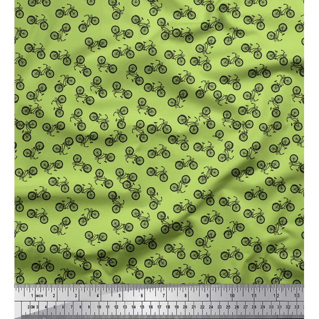 Soimoi Green polyester Crepe Fabric Bicycle Transport Printed Craft Fabric by the Yard 42 Inch Wide