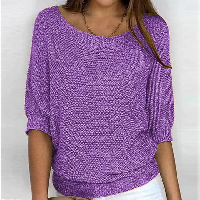 Qertyioot Chandail pour Femme Grande Taille Col Rond Tricot Élégant Manches 3/4 Chemise Confortable