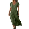 thumbnail image 1 of UPPADA Robe d'Été pour Femme Grande Taille en Coton et Lin, Robe Maxi Fluide à Manches Courtes, Robe Décontractée Style Sundress à Col en V, Taille Portefeuille, Robes Fluides de Plage, Vêtements d'Été pour Femme Vert, P, 1 of 6