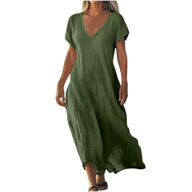 UPPADA Robe d'Été pour Femme Grande Taille en Coton et Lin, Robe Maxi Fluide à Manches Courtes, Robe Décontractée Style Sundress à Col en V, Taille Portefeuille, Robes Fluides de Plage, Vêtements d'Été pour Femme Vert, P