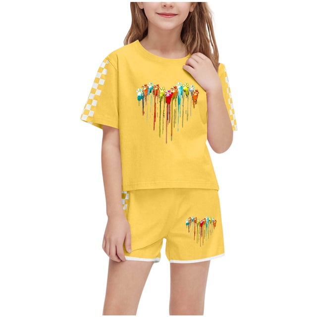 Économies d'Été! HVOBTTY Ensemble Décontracté 2 Pcs à Manches Courtes pour Filles, Ensemble de Mode Décontracté à Manches Courtes pour Garçons et Filles avec Col Rond, Boutons et Short Imprimé Jaune, 9 Ans