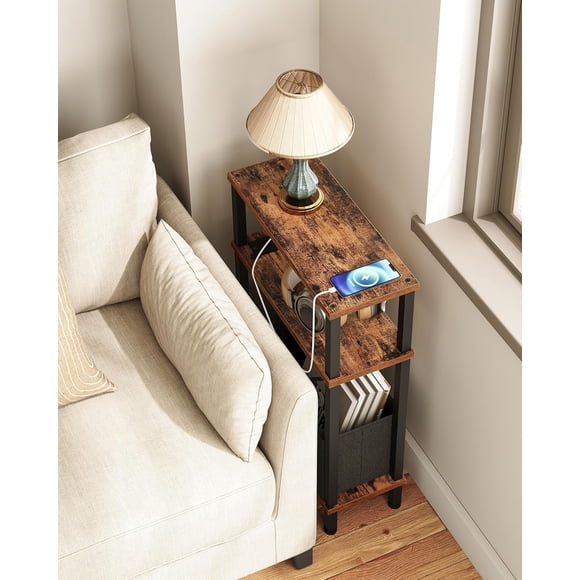 Narrow Side Table with Charging Station, Small End Table with Fabric Basket, Slim Nightstand for Small Spaces, Skinny Side Table, for Living Room, Bedroom, Rustic Brown and Black TBZ07UBF
