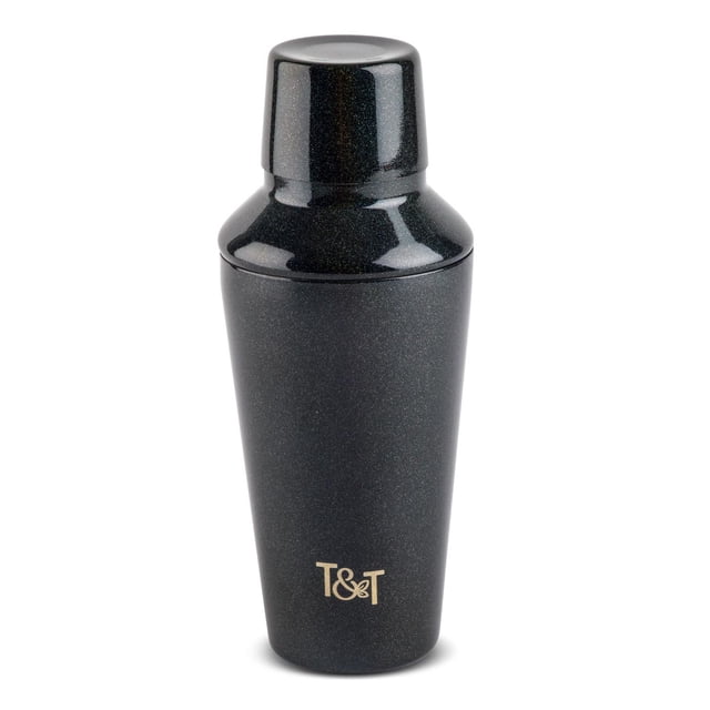 Thyme & Table Cocktail Shaker, Black Iridescent, stainless steel bar tool with 18 fluid ounce capacity, featuring a glossy black iridescent finish and T&T logo, ideal for mixing cocktails at home and often used for shaking protein drinks.