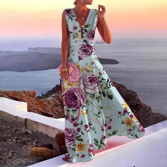 SMihono Robe Maxi Bohème d'Été pour Femmes Grande Taille Mode Décontractée d'Été Sans Manches à Col en V Robe Imprimée à Fermeture Éclair Robe pour Femmes Longues Robes Robe de Plage Évasée