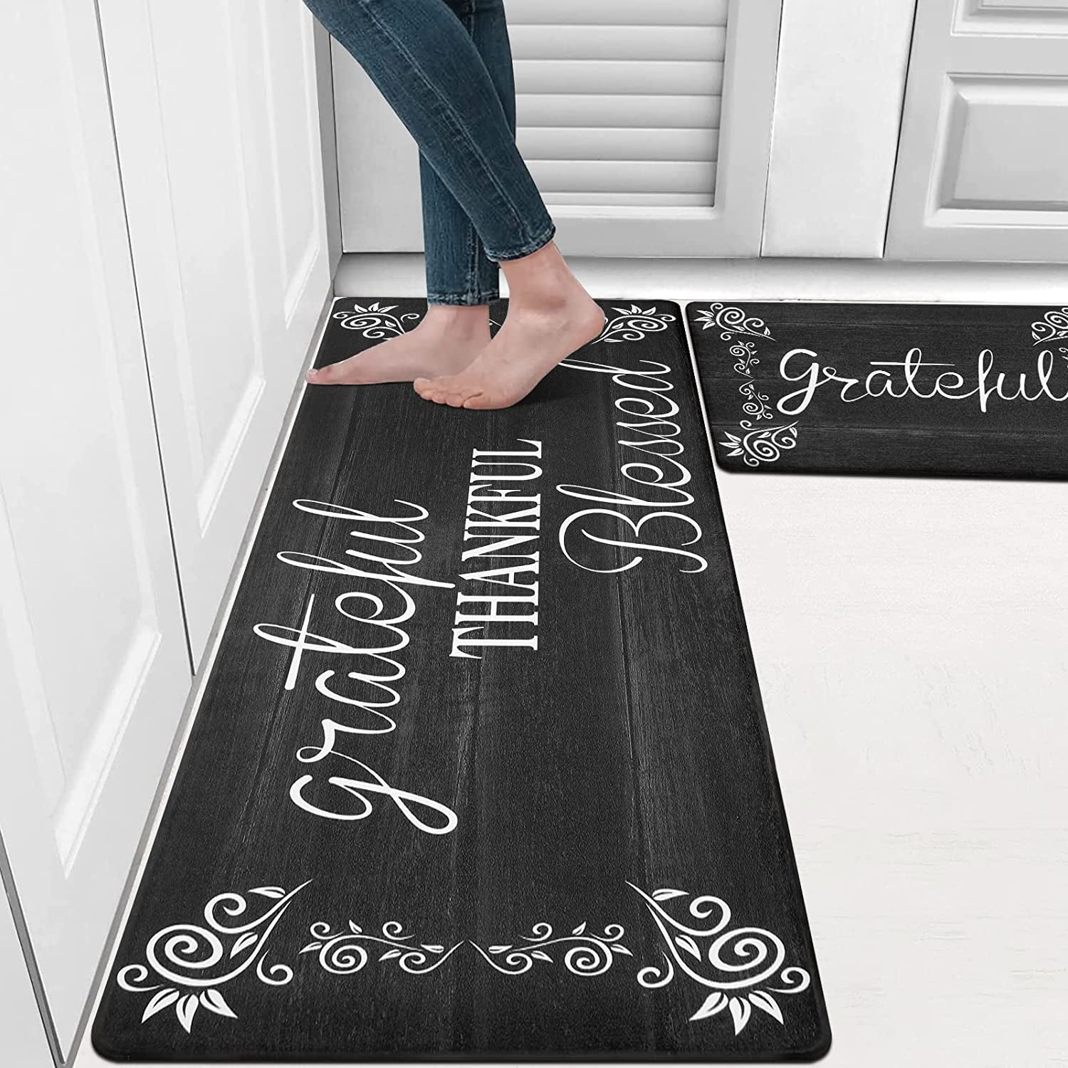 MeyJey Kitchen Rug Set of 2, Anti Fatigue Kitchen Mat 2 Pieces, Non Skid Waterproof Cushioned Floor Mat and Runner Rug, 17"x28"x0.4"+17"x48"x0.4", Black
