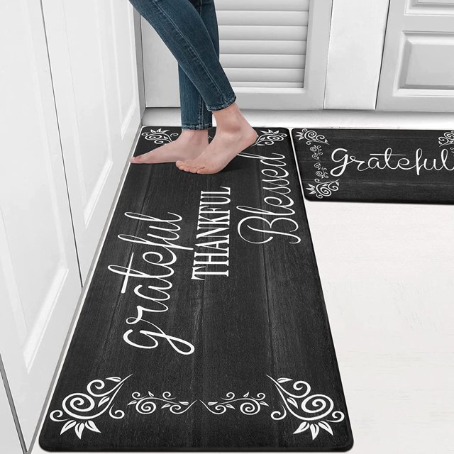 MeyJey Kitchen Rug Set of 2, Anti Fatigue Kitchen Mat 2 Pieces, Non Skid Waterproof Cushioned Floor Mat and Runner Rug, 17"x28"x0.4"+17"x48"x0.4", Black