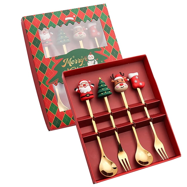 Oleegame 1PC Stainless Steel Cutlery Set Christmas Tableware Set Stainless Steel Spoon Gift Set Dessert Spoon Fork Coffee Spoon Christmas Pendant Spoon Tableware Set Gift