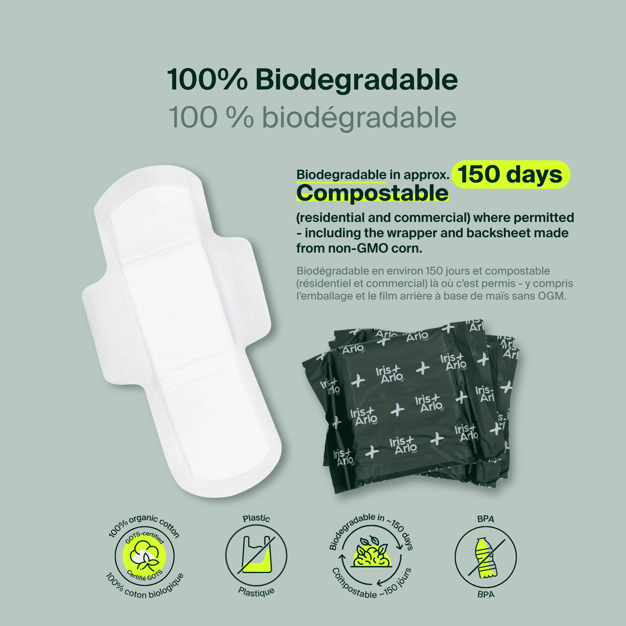 Iris + Arlo Organic Pads with Wings, Super +, 100% Cotton, Chemical-Free, Non-toxic, No plastic (12 Count)