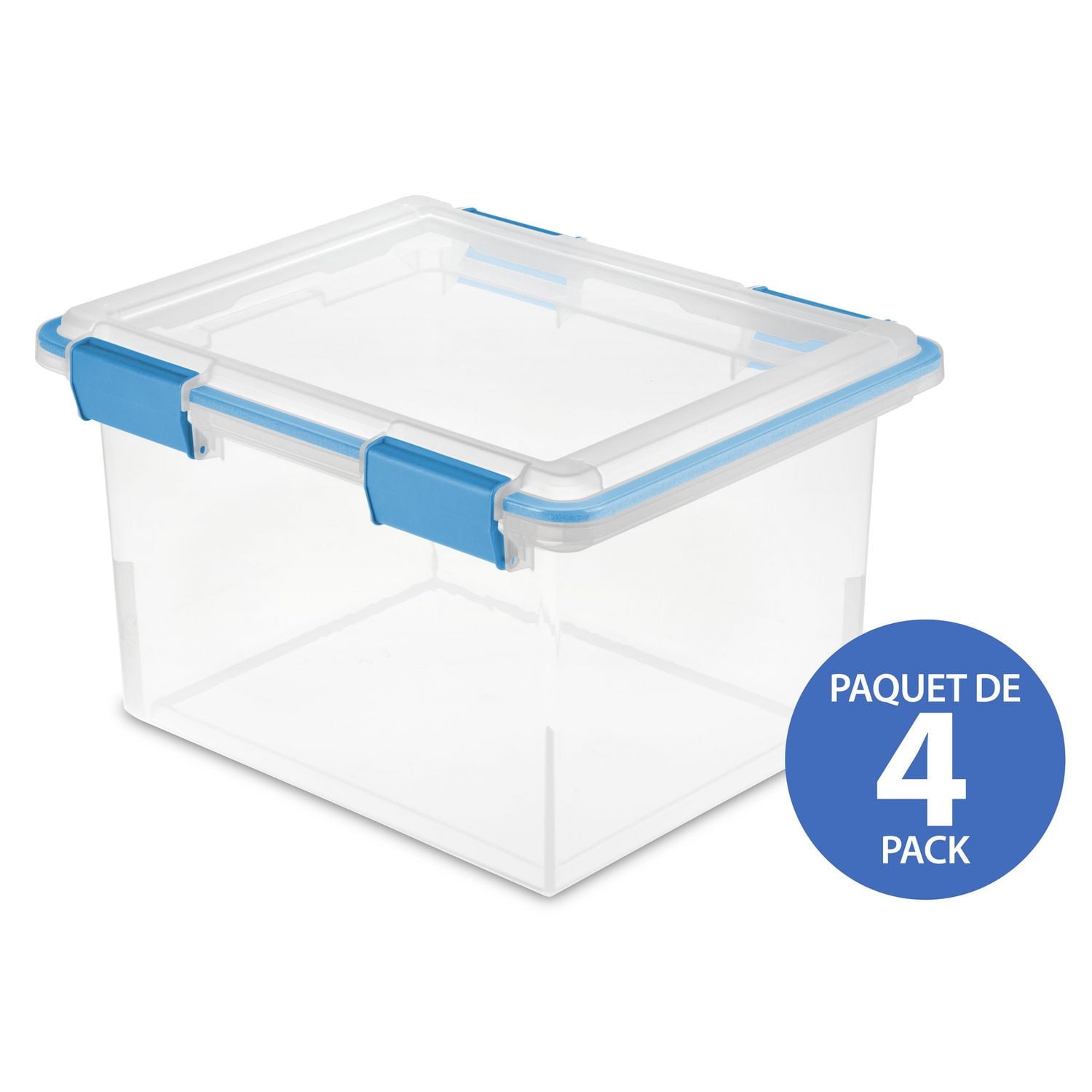 Sterilite 30 Liter Gasket Box, Weather-Resistant Clear Storage Bin with Latch Lid, Blue - 4 PK