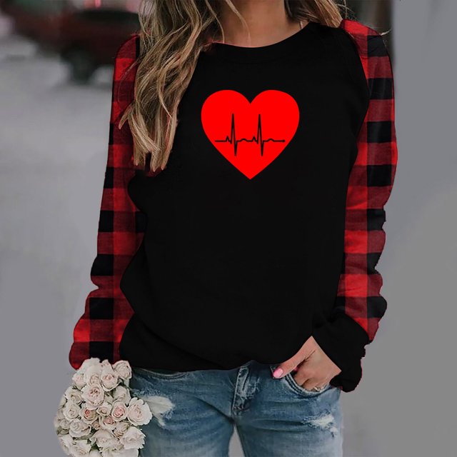 Pisexur Chandail en Molleton de la Saint-Valentin pour Femmes Mode Ample Imprimé Cœur Blouse à Manches Longues Col Rond Pull Décontracté