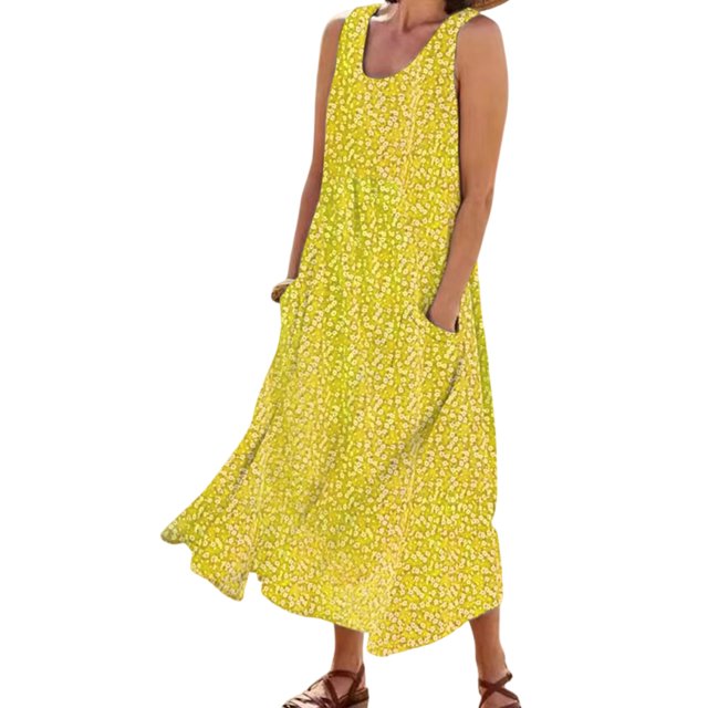MAWCLOS Robes Évasées pour Femmes Col Rond Été Plage Robe d'Été Sans Manches Longue Robe Maxi Hawaïenne Vacances Imprimé Floral Jaune 3TG