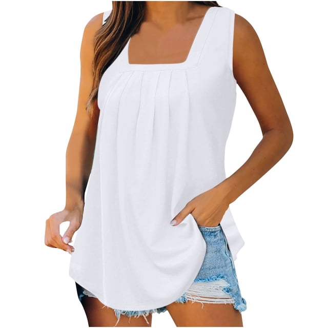 Timegard Camisoles pour Femmes à Encolure Carrée Plissée Sans Manches Confortables Chic Décontracté Tunique Haut Chemise Blouse