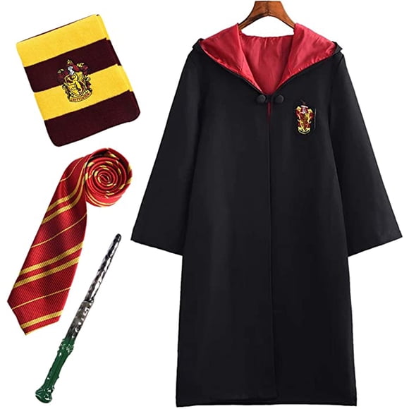 4PCS Children Adult Cosplay Costume Harry Potter Costume Outfit Set Magic Wand Tie Scarf Glasses Carnival Disguise Mardi Gras Halloween Black 125 Large Size Red