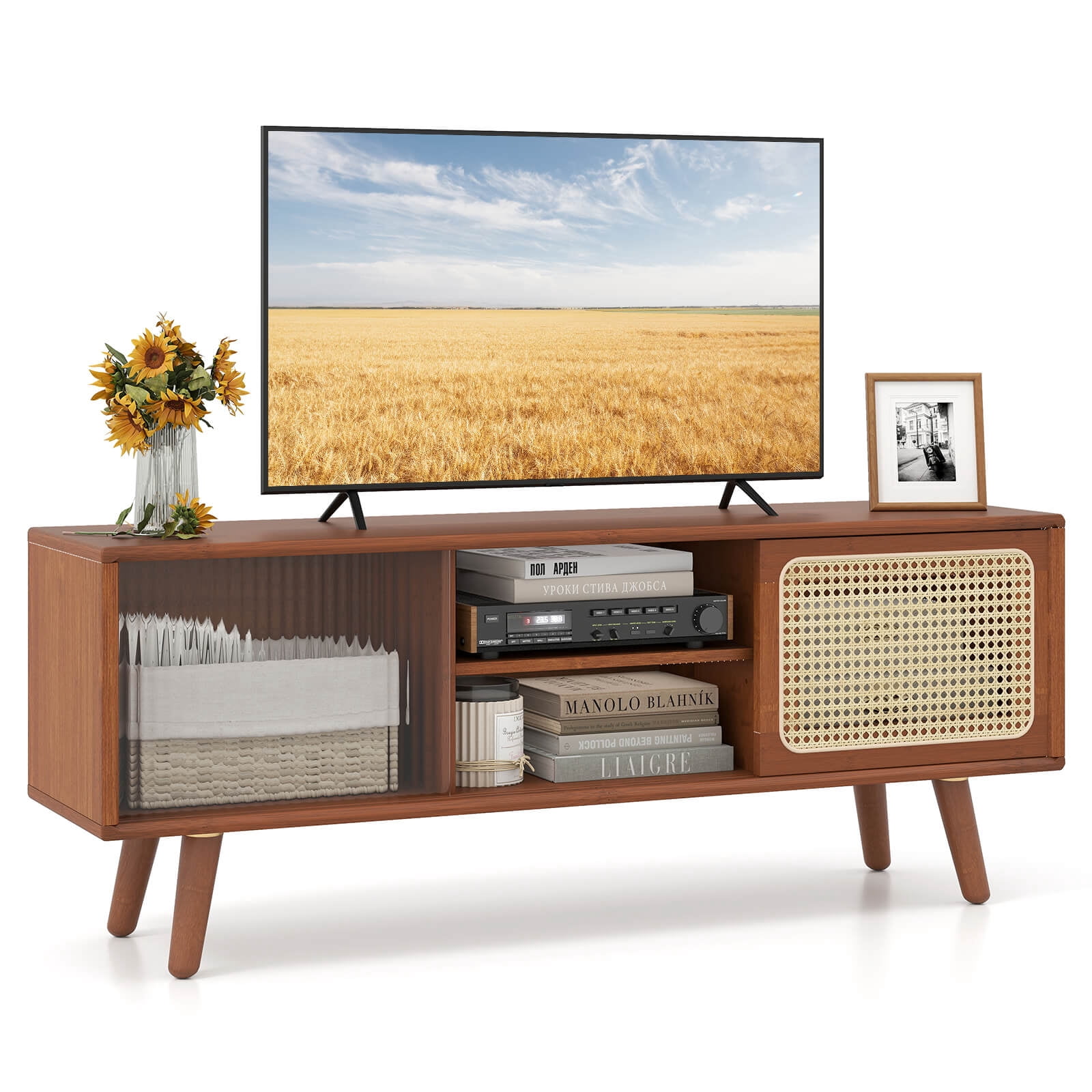 Costway Meuble TV Moderne Centre de Divertissement Console Médias avec Portes Glissantes en Verre en Rotin Brun