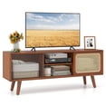 thumbnail image 1 of Costway Modern TV Stand Entertainment Center Media Console with Rattan Glass Sliding Doors Brown, 1 of 10