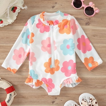 Summer Savings Clearance Iumwxz Girls Swimsuit Toddler Girls Floral Print Swimwear Beachwear Ruffles Long Sleeve One Piece Zipper Swimsuit Bathing Suit Toddler Bathing Suit Girl 12M-5T