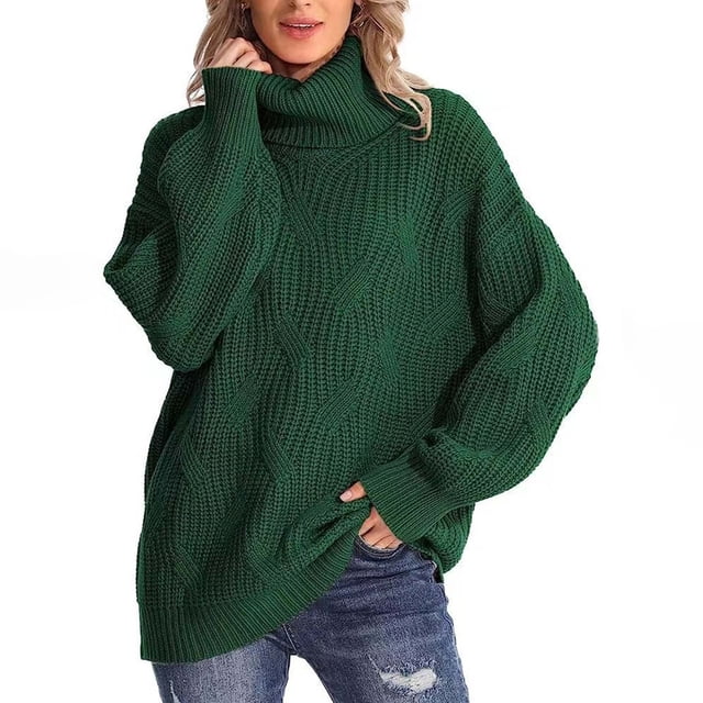 Qertyioot Chandails Surdimensionnés pour Femmes Col Roulé Mode Manches Longues Col Roulé Chandail Décontracté Hauts