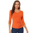 thumbnail image 1 of INSPIRE CHIC Women's V Neck 3/4 Sleeves Solid Knitted Buttons Decor Ruched Top Medium Orange, 1 of 5