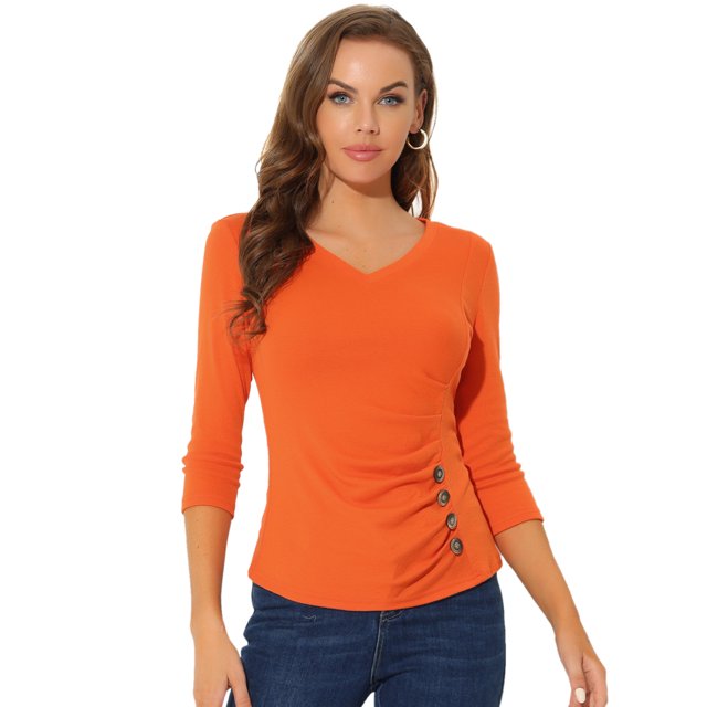 INSPIRE CHIC Women's V Neck 3/4 Sleeves Solid Knitted Buttons Decor Ruched Top Medium Orange