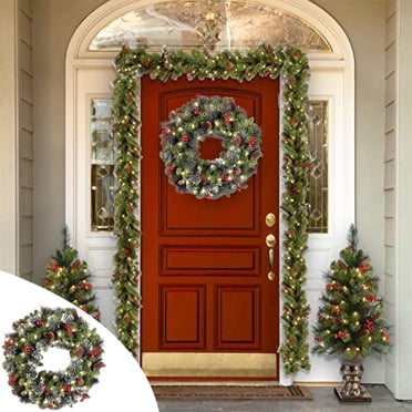 LSLJS 16 Inch Christmas Wreath, Outdoor Lighted Christmas Wreath for Front Door, Xmas Wreath for Holiday Christmas Party Decorations, Wreath Wreath