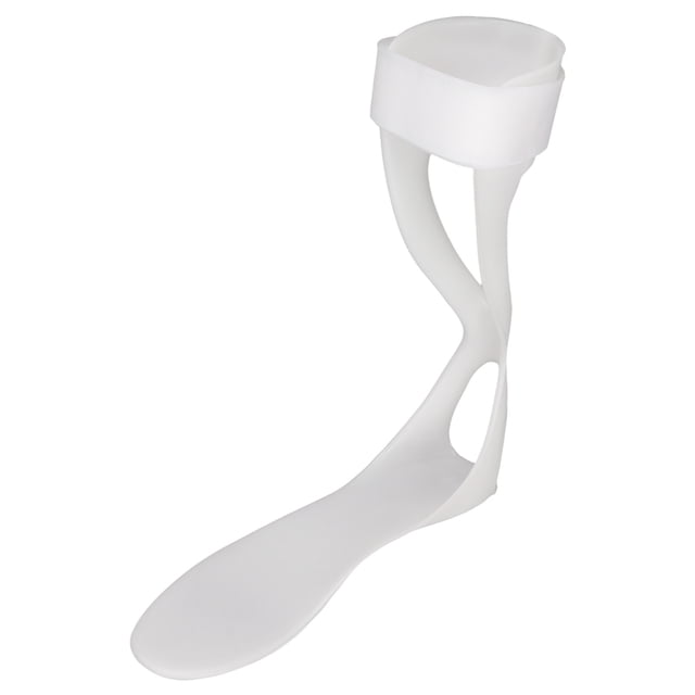 Ankle Foot Orthosis Support, Straightener Drop Foot Splint Corrector Ultra Slim for Injury Recovery Therapy, size S for 37-42 CHN, designed for the left foot. Made of durable plastic parts and fleece, this lightweight AFO splint features a half-palm design for easy use with shoes. It provides ankle support, joint stability, and improves walking posture for individuals with foot drop caused by weak plantar muscles or nerve palsy. The white orthosis has a sleek, open-frame structure with a secure strap for a snug fit.