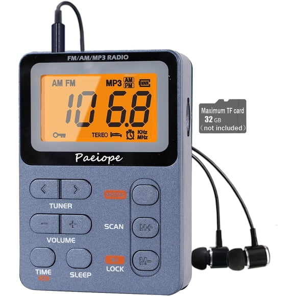Portable Radio AM FM, Rechargeable Pocket Radio with Best Reception Digital Tuning, MP3, Stereo Earphone, Large LCD Screen, TF Card Socket, Transistor Radio for Jogging/Gym/Camping (Grey)