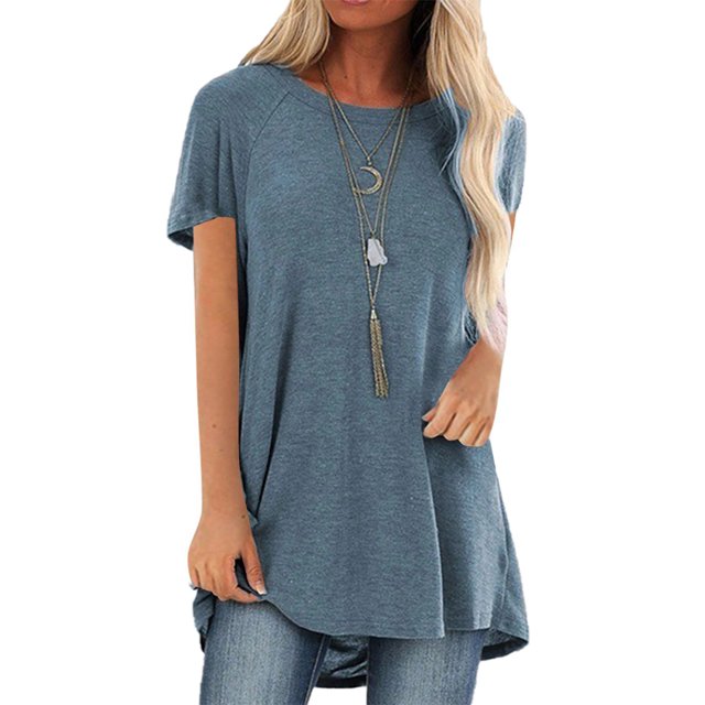 LUXUR T-Shirt pour Femme à Manches Courtes T-Shirt Haut Uni Blouse Décontractée Col Rond Bleu m