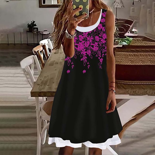 EGNMCR Robes d'Été Femmes Tendance Mode Femme Décontractée Sans Manches Imprimé Col Rond Faux Deux Pièces Gilet Robe Débardeur