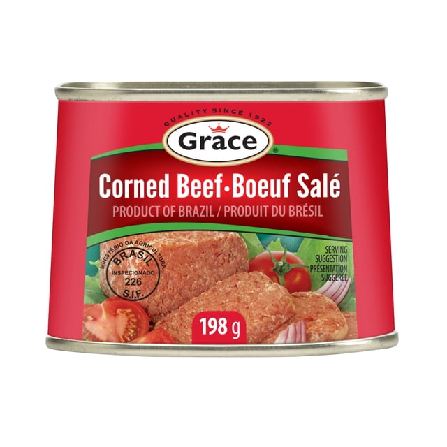 Grace Corned Beef 198g can with red label showing cooked corned beef chunks alongside tomato and onion slices, product of Brazil, ideal canned meat pantry staple with Grace logo and inspection seal.